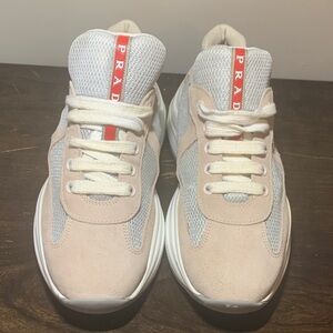 Prada Cream and Gray Women's Sneakers with Red Accent